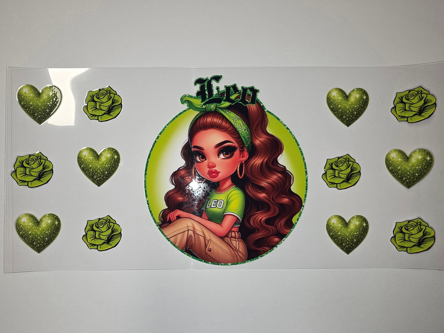 Leo Zodiac Girl Tumbler Wrap - Green Glitter Hearts & Roses - Astrology Drinkware Design