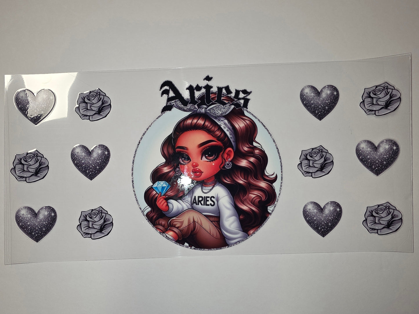 Aries Zodiac Girl Tumbler Wrap with Glitter Hearts & Roses - Astrology Drinkware Design