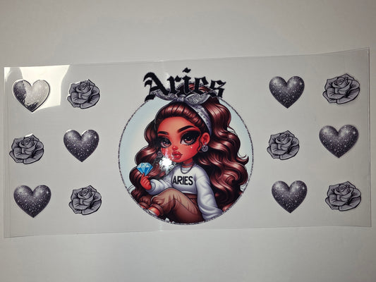 Aries Zodiac Girl Tumbler Wrap with Glitter Hearts & Roses - Astrology Drinkware Design