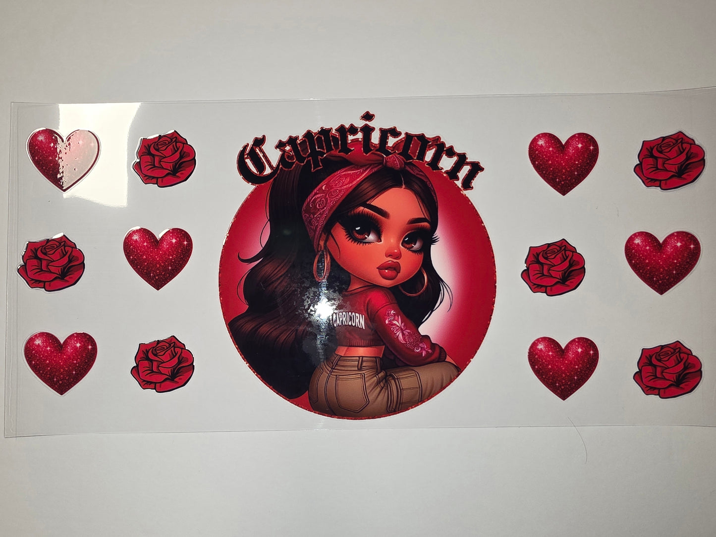 Capricorn Zodiac Girl Tumbler Wrap with Red Roses & Glitter Hearts | Astrology Drinkware Design