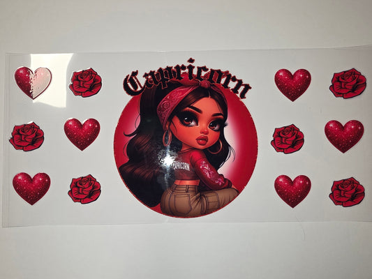 Capricorn Zodiac Girl Tumbler Wrap with Red Roses & Glitter Hearts | Astrology Drinkware Design