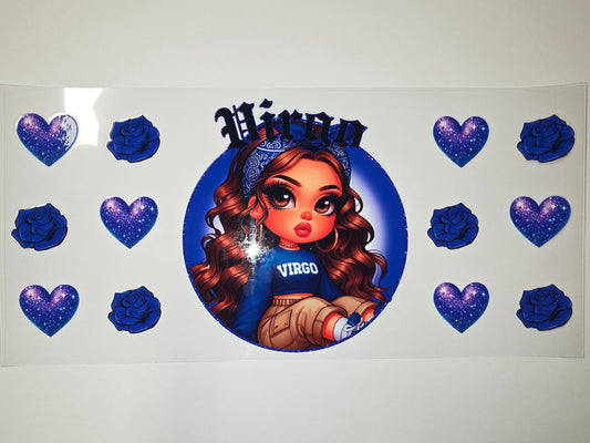 Virgo Zodiac Girl Tumbler Wrap - Blue Galaxy Hearts & Roses - Astrology Drinkware Design