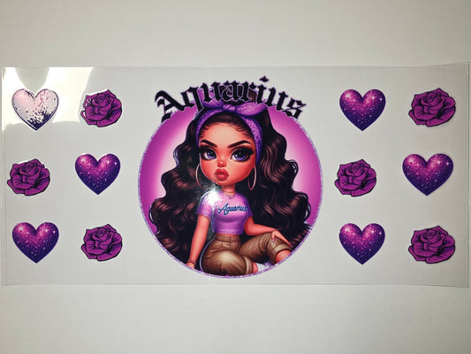 Purple Aquarius Zodiac Girl Tumbler Wrap - Hearts & Roses Design