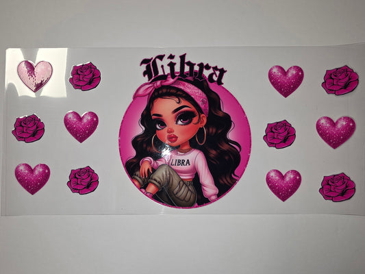 Pink Libra Zodiac Girl Tumbler Wrap with Roses & Glitter Hearts | Astrology Drinkware Design