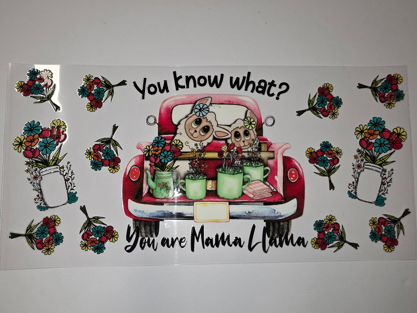 Mama Llama Red Truck Floral Tumbler Wrap | Cute Cartoon Llama & Flowers Design