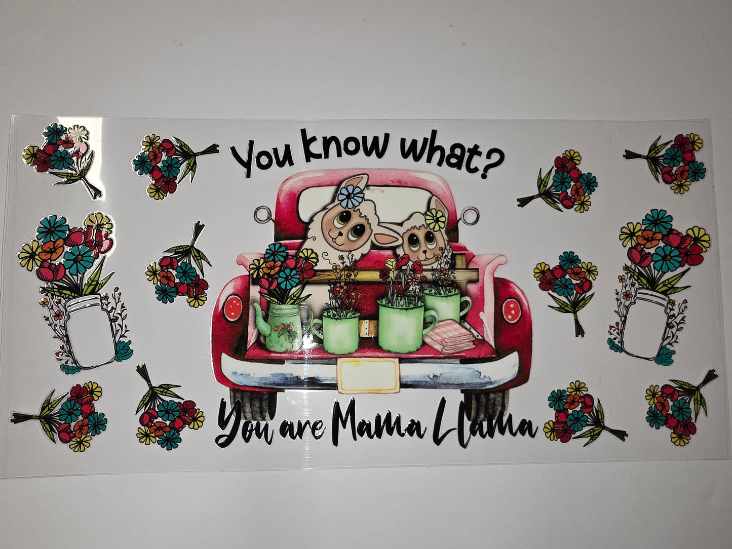 Mama Llama Red Truck Floral Tumbler Wrap - Cute Cartoon Llama & Flowers