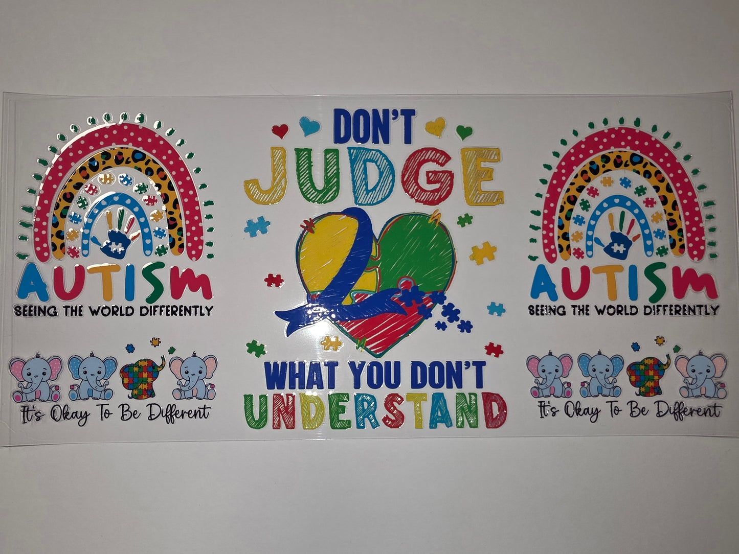 Autism Awareness Rainbow & Elephant Tumbler Wrap | "Don't Judge" Design | Vibrant Colors