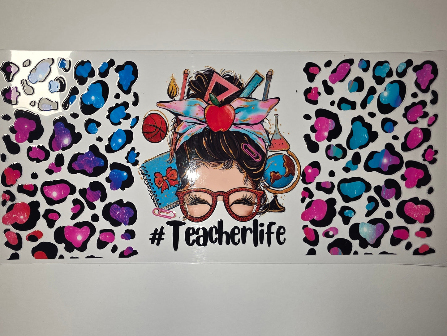Teacher Life Leopard Print Tumbler Wrap | Pink Blue Galaxy Spots | Teacher Gift