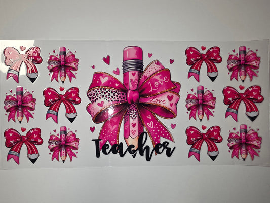 Pink Teacher Pencil Bow Tumbler Wrap | Valentine's Day Hearts & Love Design