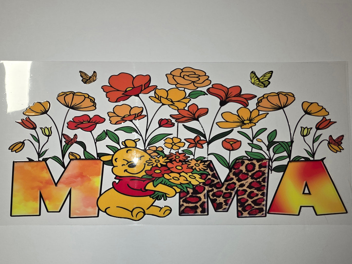 Winnie the Pooh Mama Floral Tumbler Wrap - Red, Orange, Yellow Flowers & Leopard Print