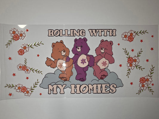 Retro Care Bears Tumbler Wrap - "Rolling With My Homies" - Pink, Purple, Orange Floral Design