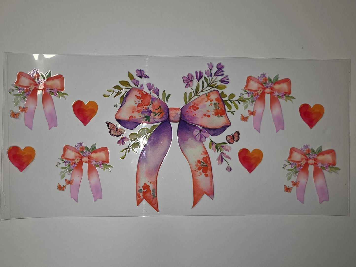 Floral Bows & Hearts Tumbler Wrap - Pink, Purple, Orange Watercolor Design