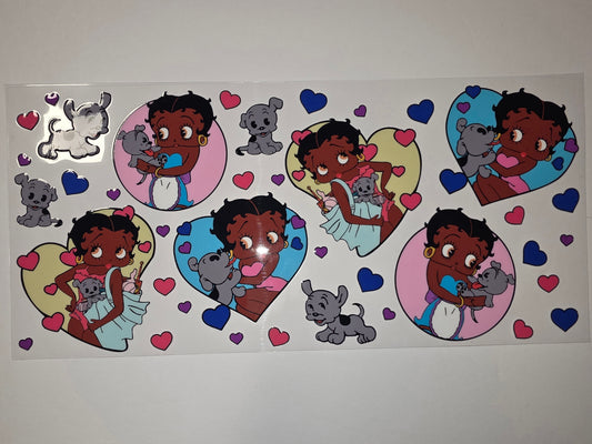 Betty Boop & Puppy Heart Tumbler Wrap | Pink, Blue, Purple Hearts | Cute Cartoon Design