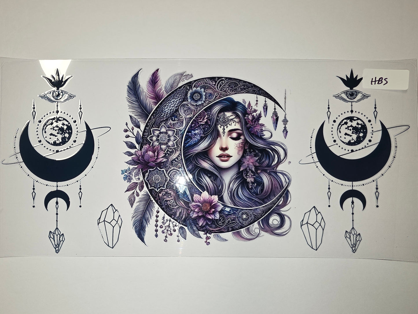 Bohemian Celestial Moon Goddess Tumbler Wrap | Purple Floral & Crystal Design