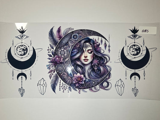 Bohemian Celestial Moon Goddess Tumbler Wrap | Purple Floral & Crystal Design