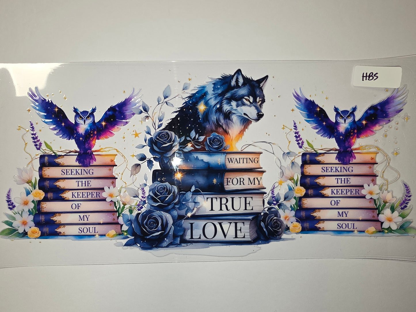 Mystical Wolf & Owl Tumbler Wrap | Celestial Books, Blue Roses, Stars