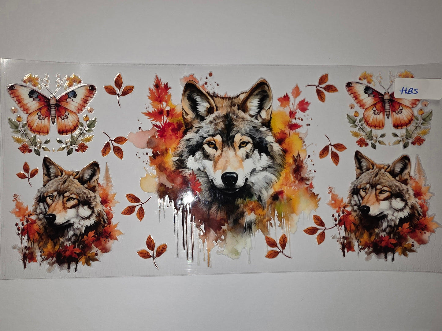 Autumn Wolf & Butterfly Tumbler Wrap - Watercolor Fall Leaves Design