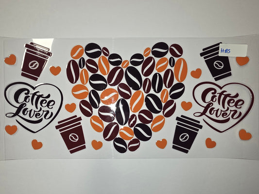 Coffee Lover Tumbler Wrap - Heart Coffee Beans & Cups - Brown, Orange, Black