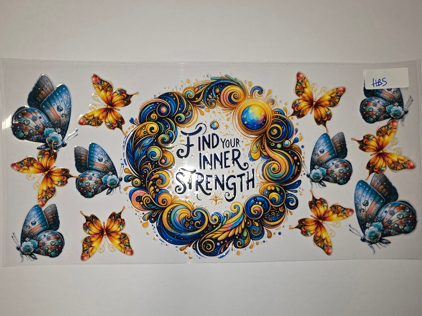 Whimsical Butterfly & Swirl Tumbler Wrap - Blue, Gold, Orange - Inspirational Design