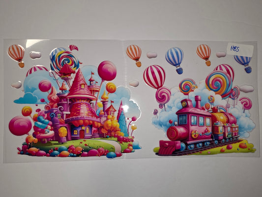 Whimsical Candy Land Castle & Train Tumbler Wrap | Pink, Blue, Orange & Swirls