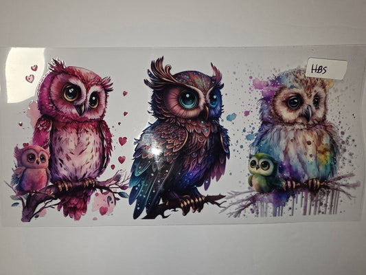 Whimsical Owl Family Tumbler Wrap - Pink, Teal, Purple, Rainbow Watercolor Design