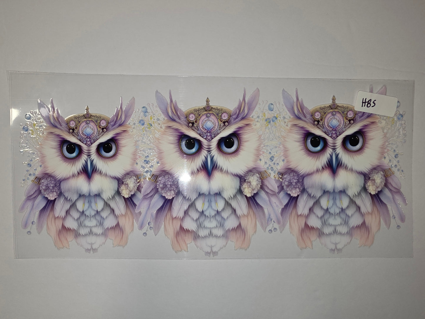 Enchanting Owl Crown Tumbler Wrap - Whimsical Purple & Blue Feathers