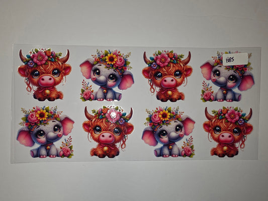 Cute Highland Cow & Elephant Floral Wreath Tumbler Wraps - Kawaii Animal Drinkware Decals