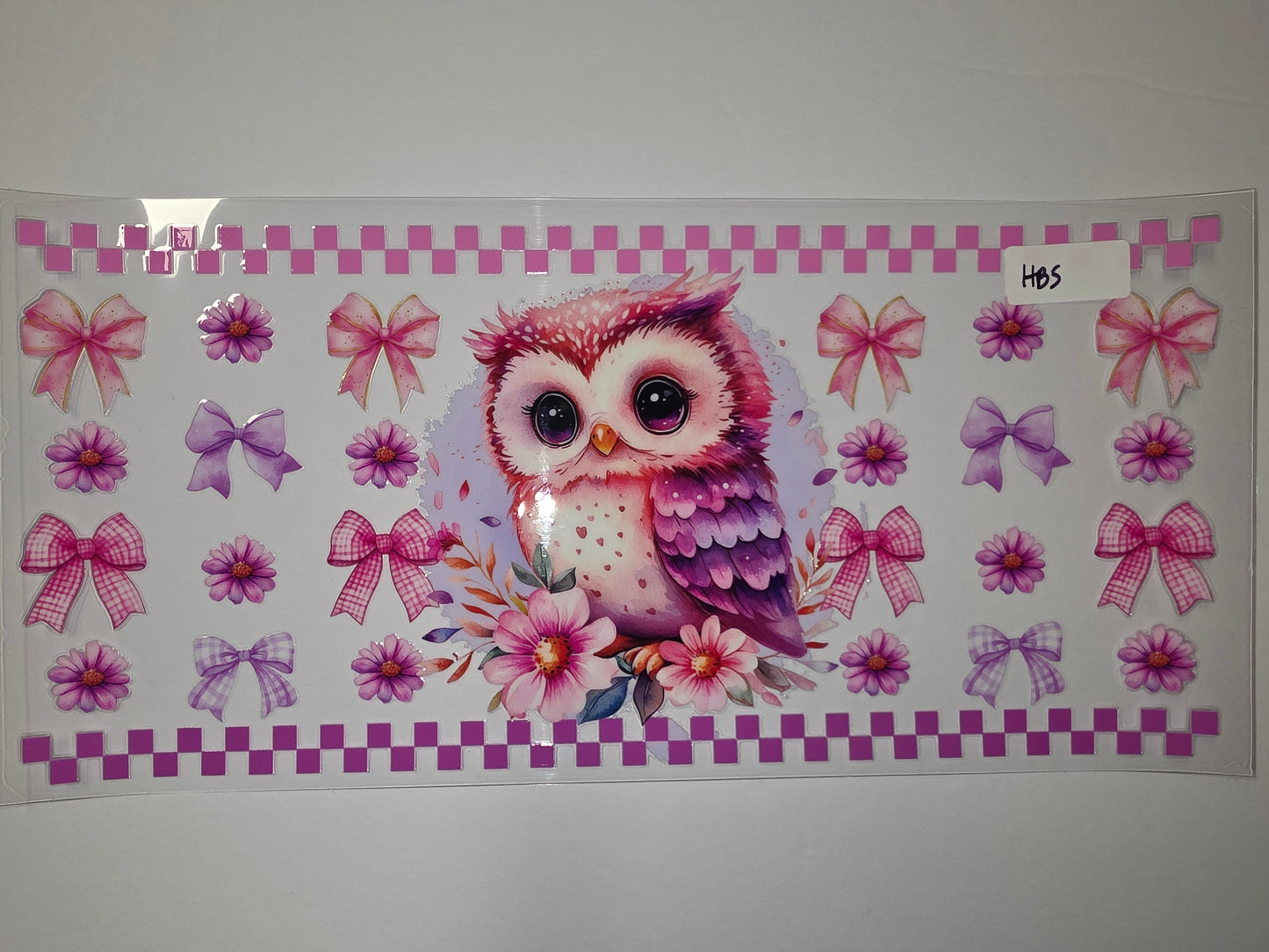 Cute Watercolor Owl & Bow Tumbler Wrap | Pink Purple Floral Checkerboard Design