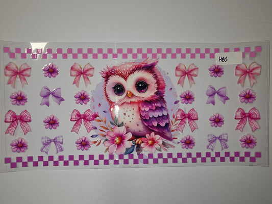 Cute Watercolor Owl & Bow Tumbler Wrap | Pink Purple Floral Checkerboard Design