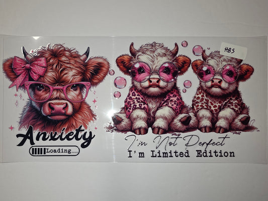 Cute Highland Cow Tumbler Wrap - Pink Glasses, Bow, Leopard Print - "Anxiety Loading" & "Not Perfect"
