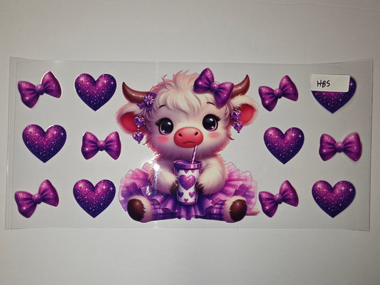 Cute Highland Cow Tumbler Wrap - Purple Glitter Hearts & Bows Design