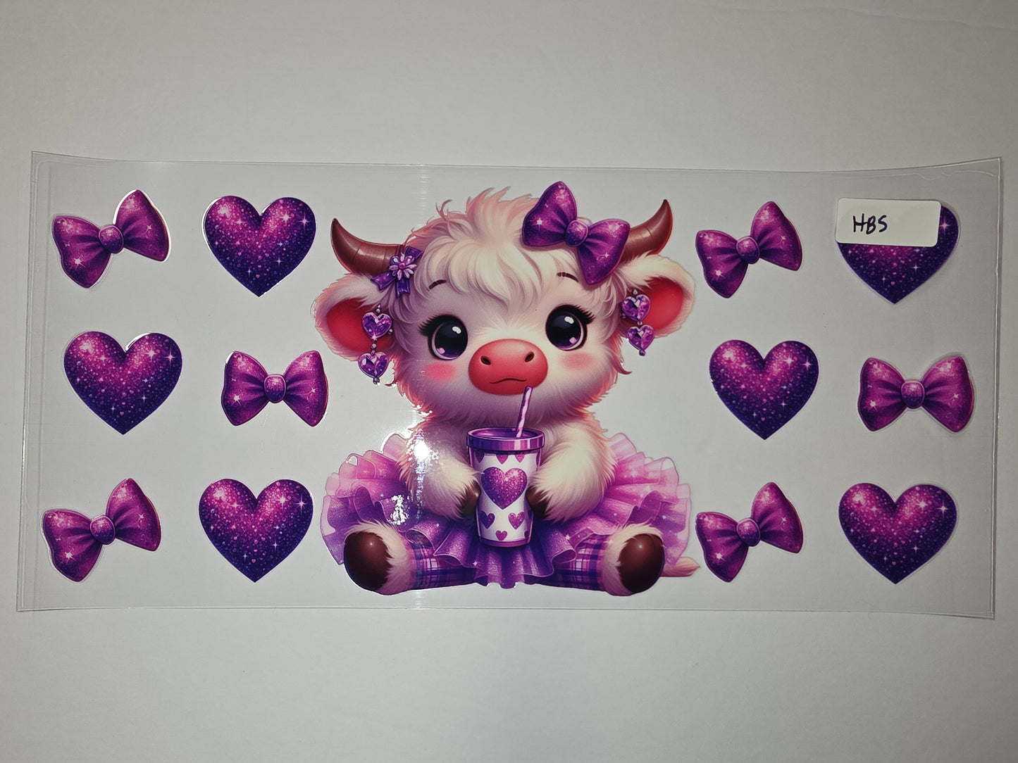 Cute Highland Cow Tumbler Wrap with Purple Glitter Hearts & Bows - Sublimation Design