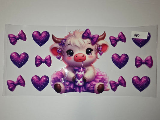 Cute Highland Cow Tumbler Wrap with Purple Glitter Hearts & Bows - Sublimation Design