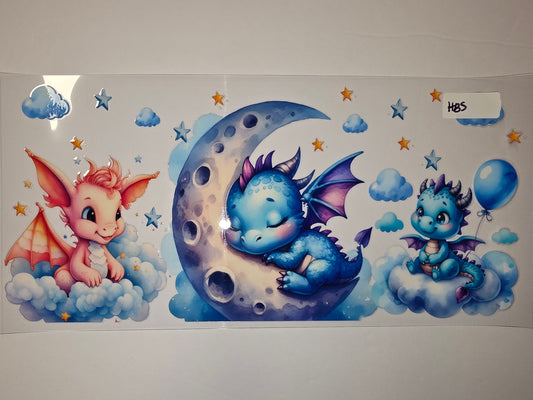 Cute Baby Dragons Moon Stars Clouds Tumbler Wrap - Pink & Blue Fantasy Art
