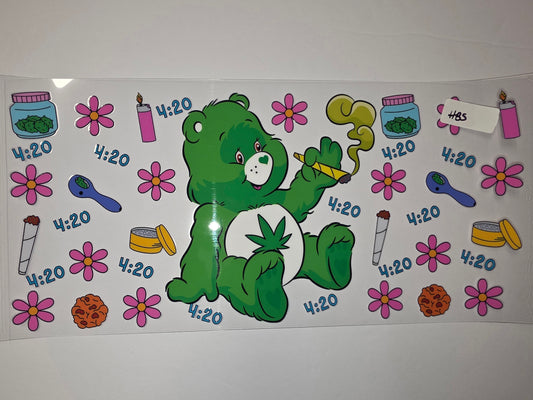420 Stoner Bear Tumbler Wrap - Green Bear, Pink Flowers, Weed Jars & Joints