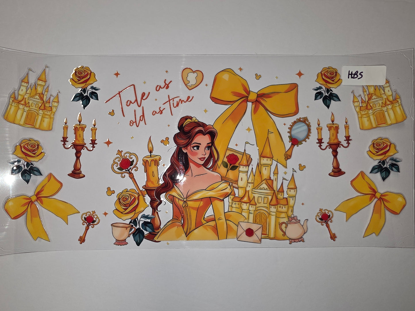 Enchanted Castle & Belle Tumbler Wrap | Yellow Roses & Gold Bows | Fairytale Drinkware Design