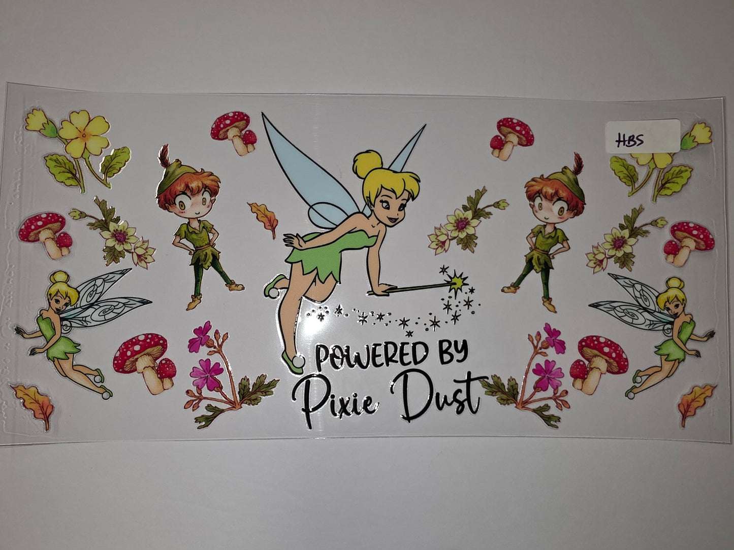 Tinkerbell & Peter Pan "Powered by Pixie Dust" Tumbler Wrap | Fairy Garden Mushroom Design