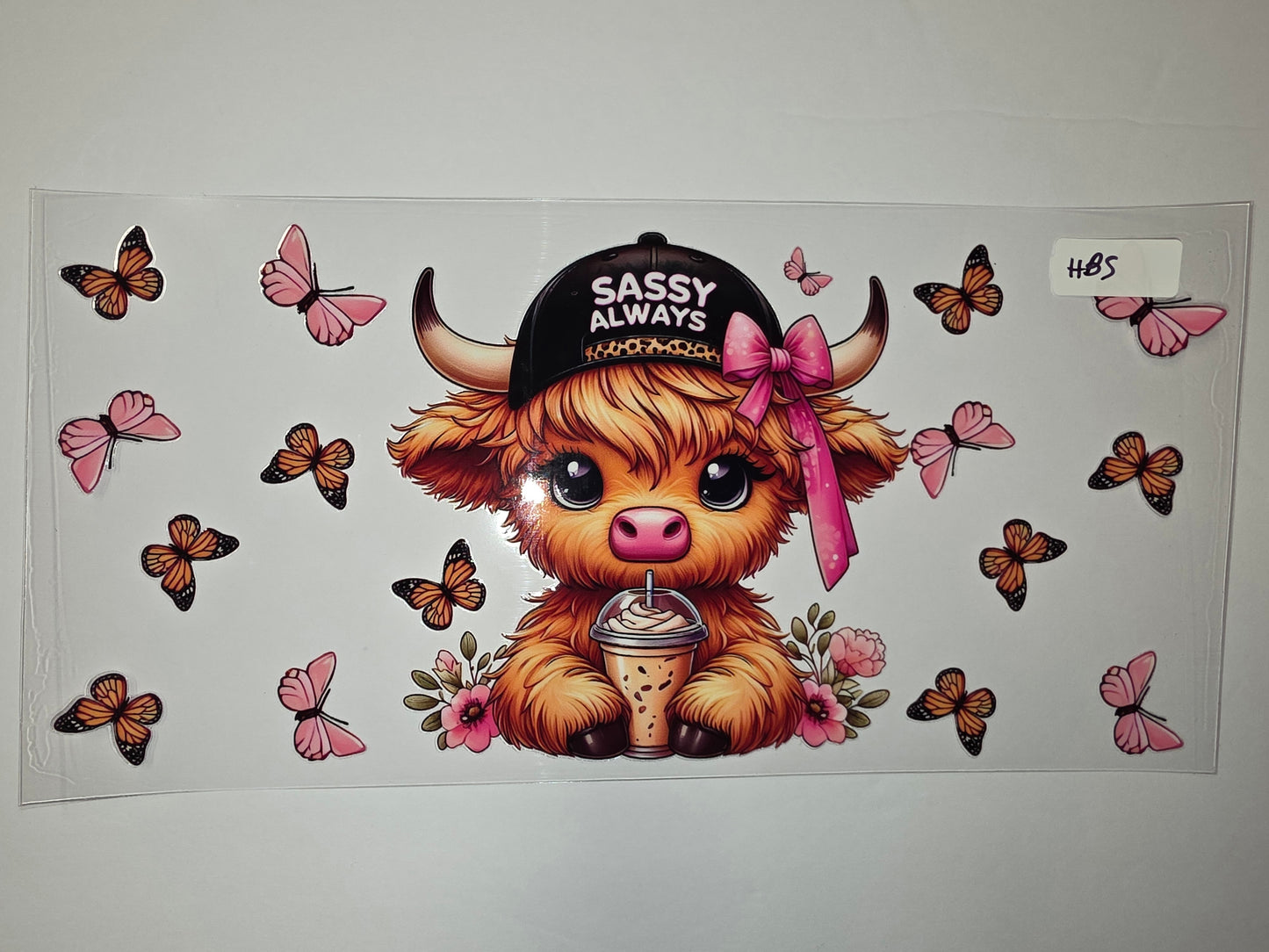 Sassy Highland Cow Tumbler Wrap | Pink Butterflies & Coffee Cup Design | Cute Animal Drinkware