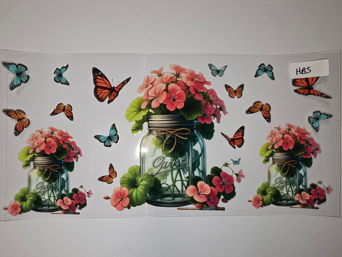 Vintage Mason Jar Floral Butterfly Tumbler Wrap | Pink Geraniums & Monarch Butterflies
