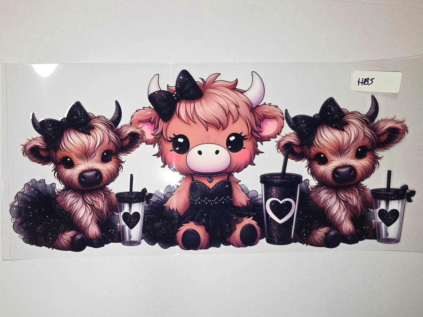 Cute Highland Cow Girls with Black Tutus & Sparkly Bows Tumbler Wrap | Kawaii Farm Animal Drinkware Design