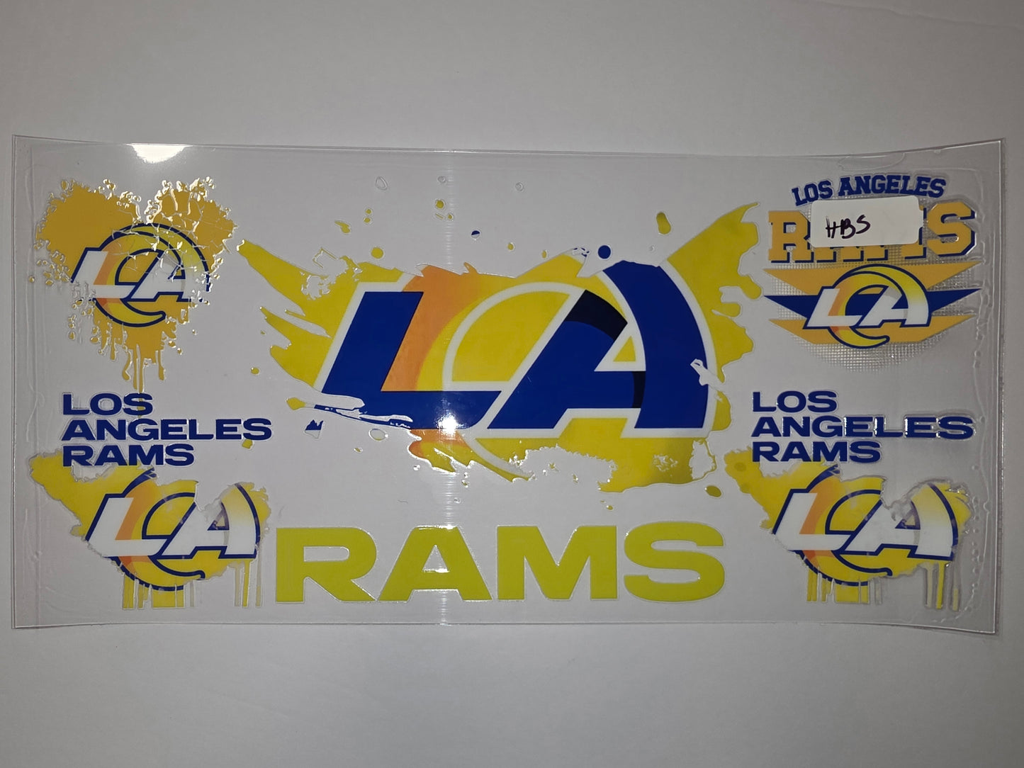 Los Angeles Rams "LA" Logo Tumbler Wrap - Yellow, Blue, White Splatter Design