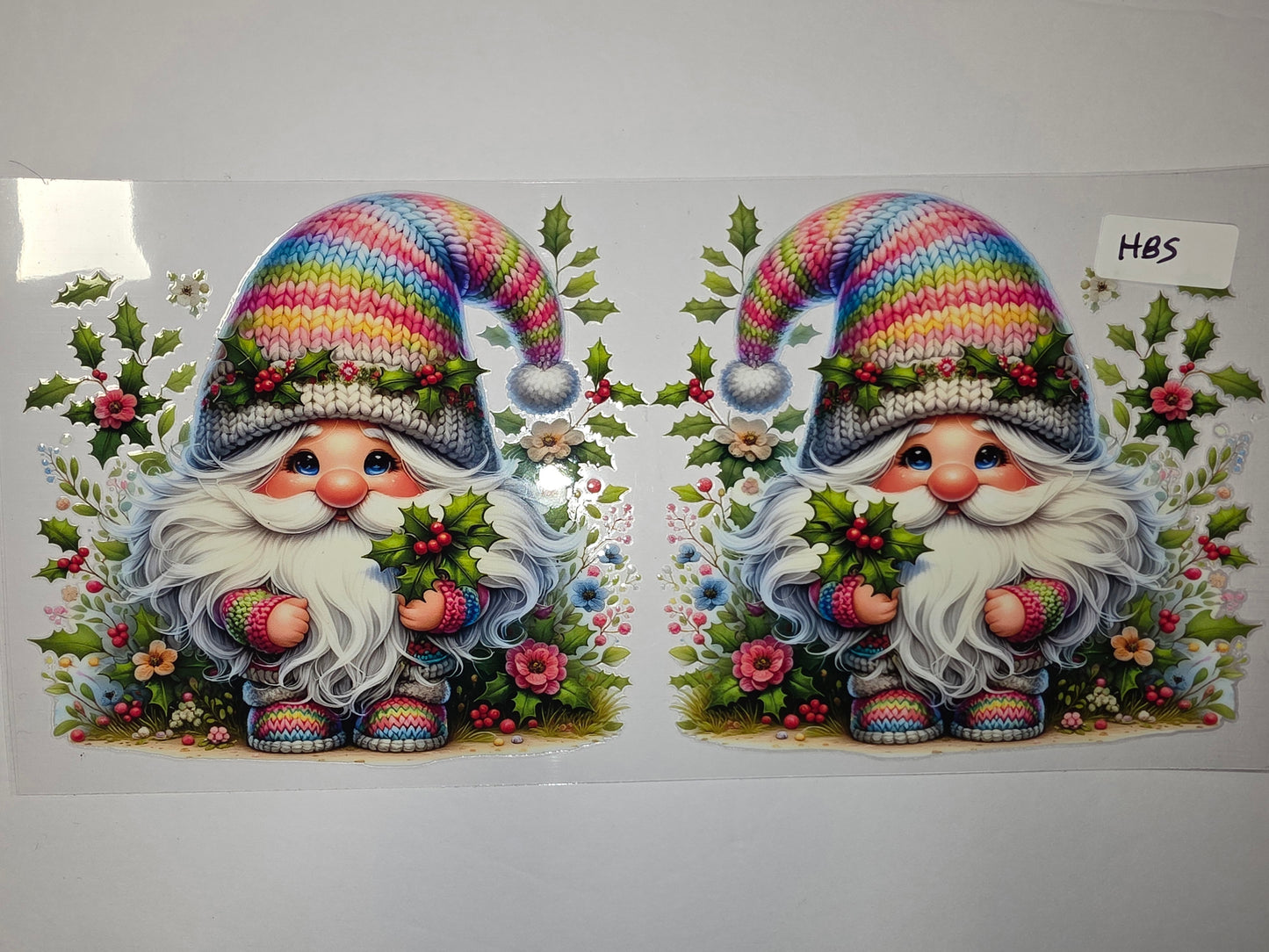 Rainbow Gnome Tumbler Wrap - Whimsical Christmas Design with Holly & Flowers