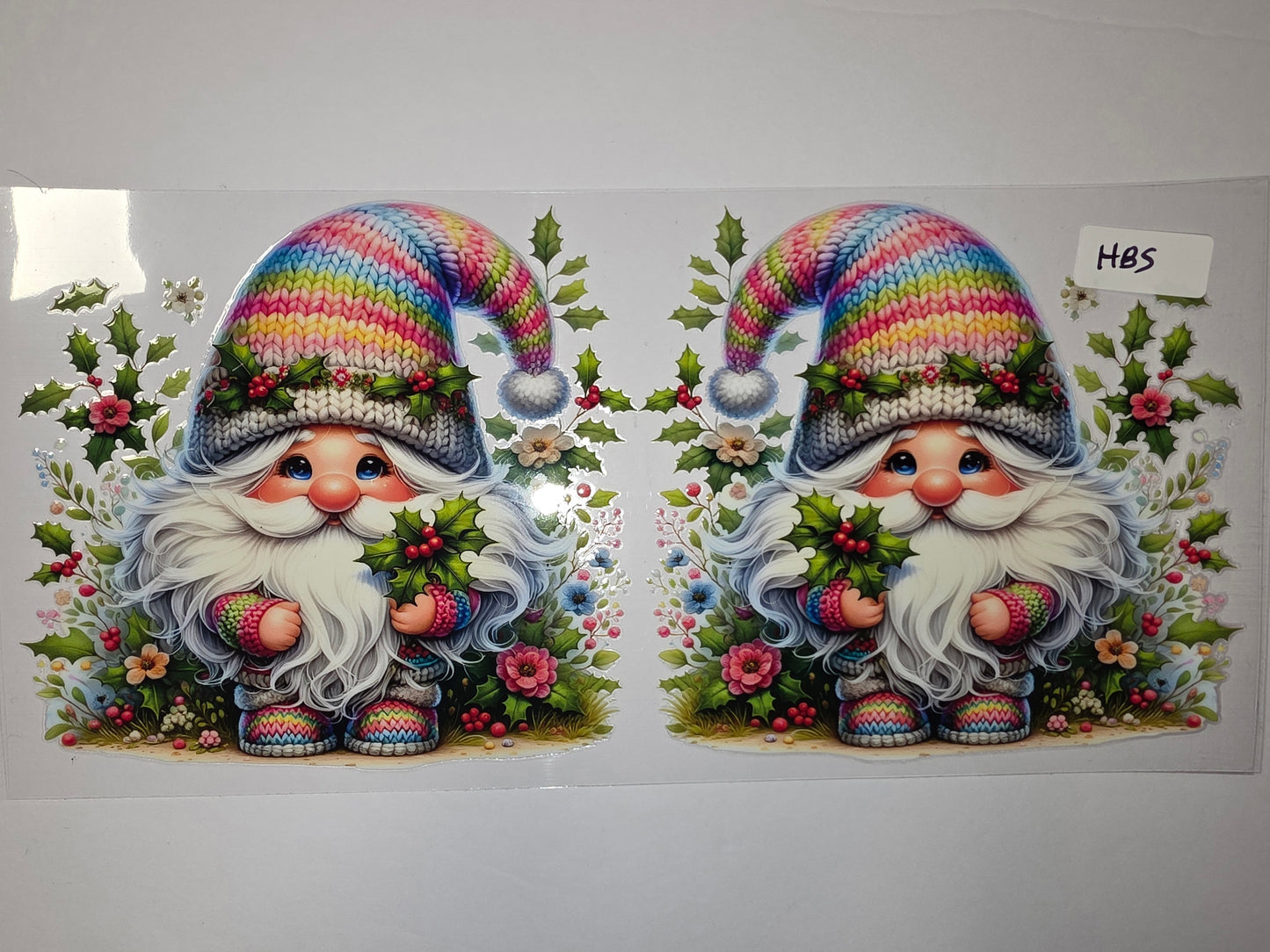Rainbow Gnome Tumbler Wrap - Festive Christmas Design with Holly & Flowers