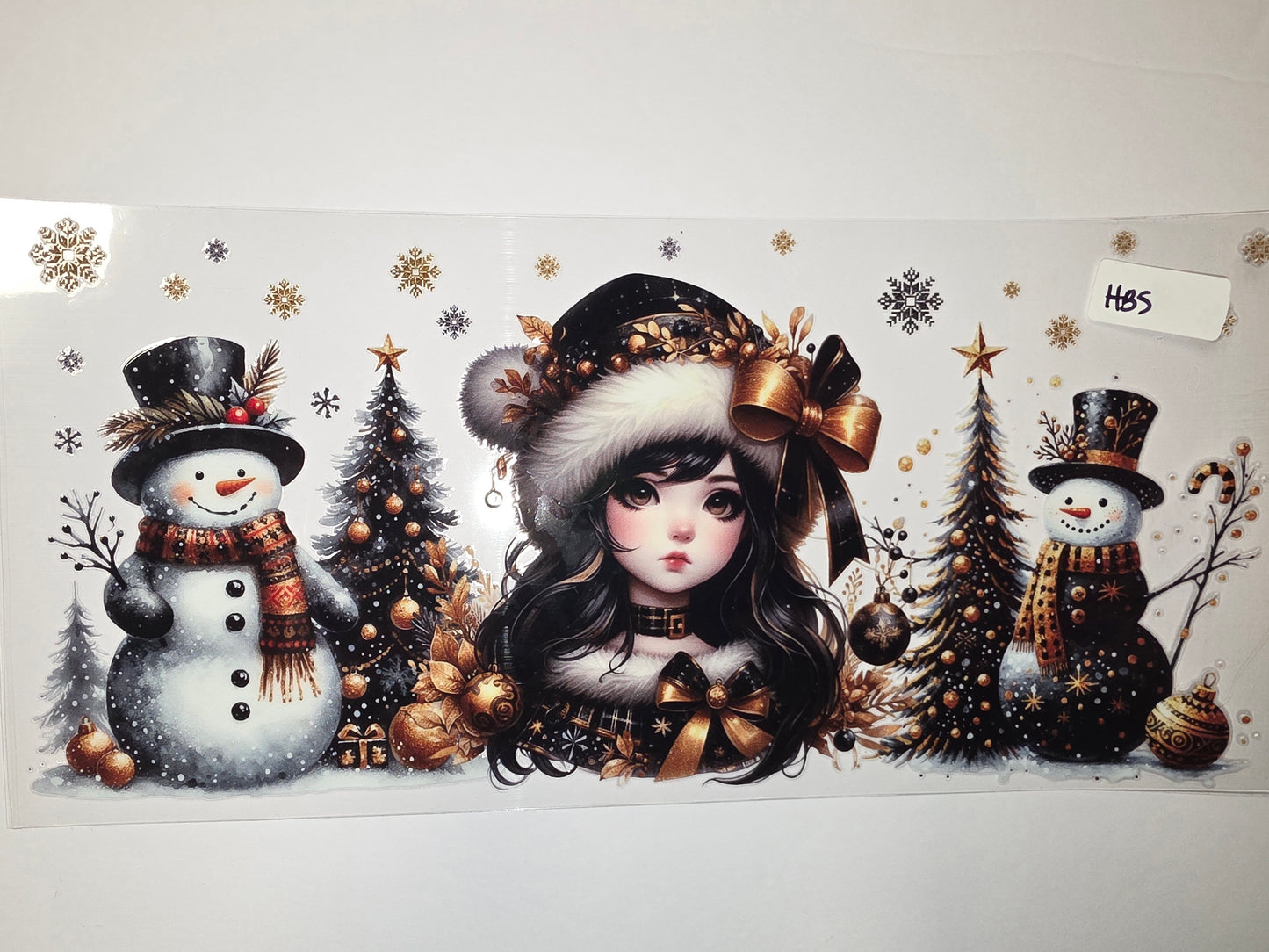 Whimsical Christmas Snowman & Girl Tumbler Wrap - Gold & Black Snowflake Design
