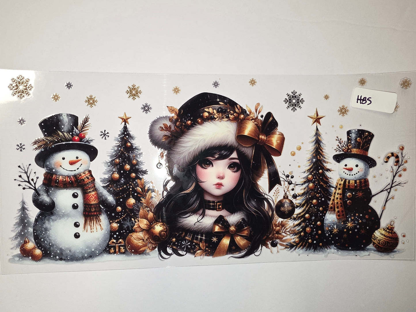 Whimsical Christmas Snowman & Girl Tumbler Wrap | Gold & Black Festive Design