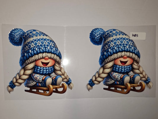 Cute Winter Gnome Girl Sledding Tumbler Wrap | Blue Nordic Pattern Design
