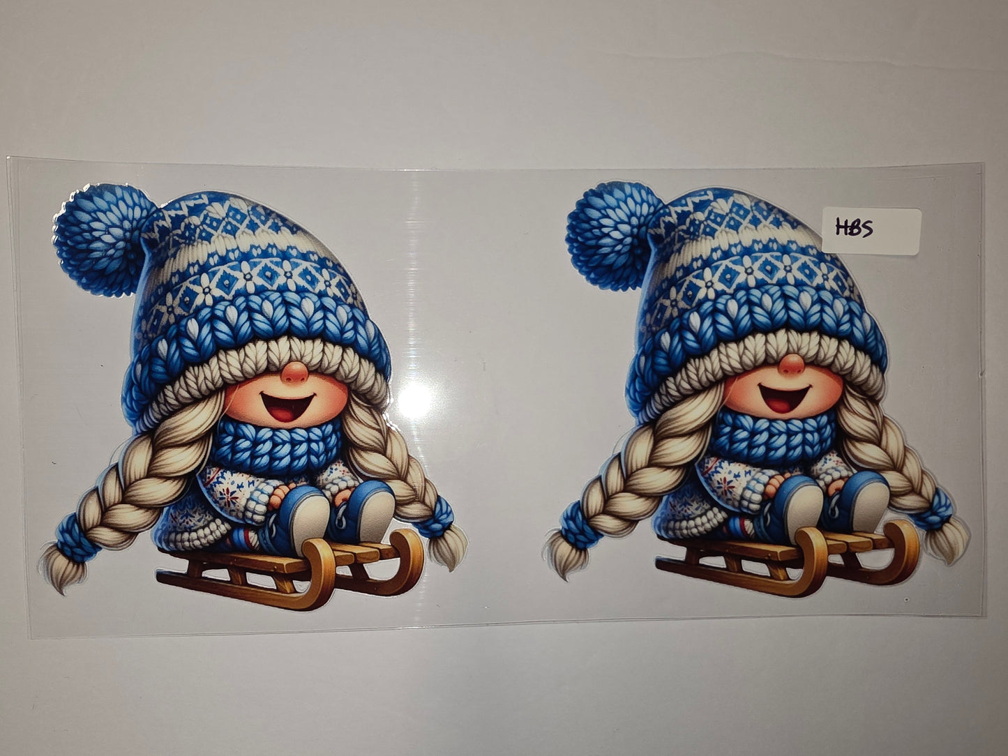 Cute Winter Gnome Girl Sledding Tumbler Wrap - Blue & White Fair Isle Design