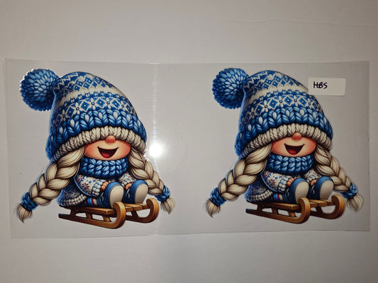 Cute Winter Gnome Girl Sledding Tumbler Wrap - Blue & White Fair Isle Design