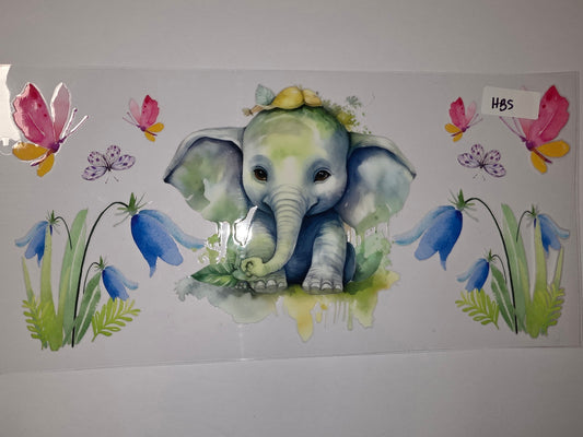 Cute Baby Elephant & Butterflies Tumbler Wrap | Watercolor Floral Design | Pink, Blue, Green