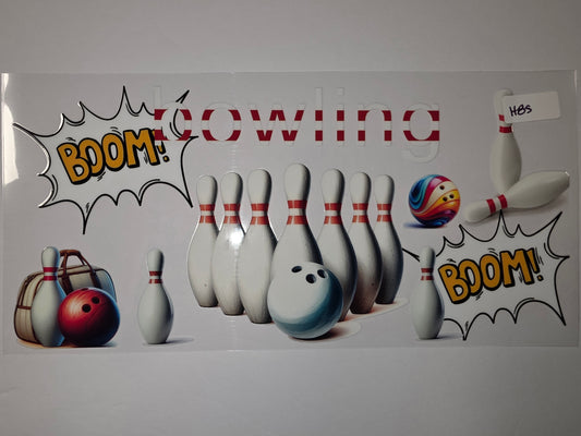 Bowling Ball & Pins Tumbler Wrap | Sports Fan Drinkware Design | "Boom!" Comic Style